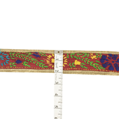 Sanskriti Vintage Sari Border Hand Embroidered Bagh Phulkari 1 YD Trim Red Lace