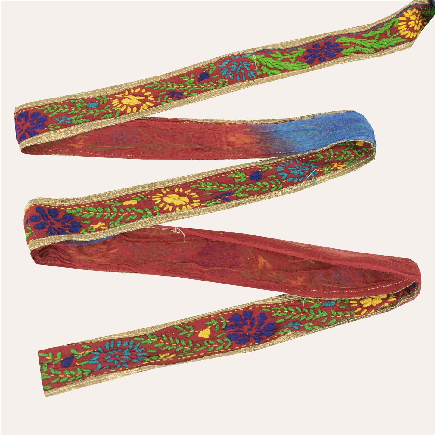 Sanskriti Vintage Sari Border Hand Embroidered Bagh Phulkari 1 YD Trim Red Lace