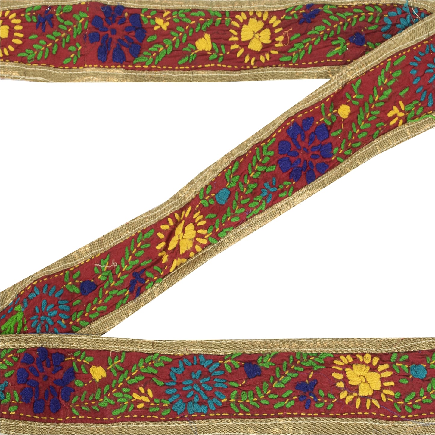 Sanskriti Vintage Sari Border Hand Embroidered Bagh Phulkari 1 YD Trim Red Lace