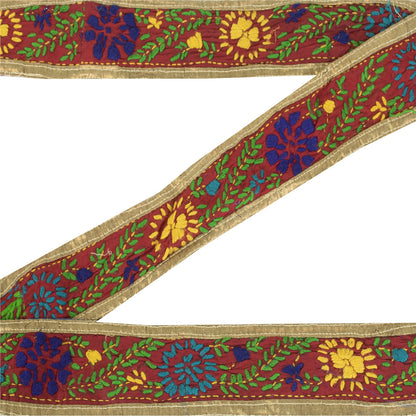 Sanskriti Vintage Sari Border Hand Embroidered Bagh Phulkari 1 YD Trim Red Lace