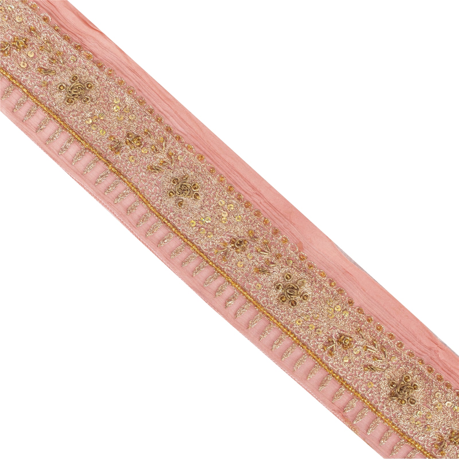 Sanskriti Vintage Saree Craft Trims 1Yd Saree/Sari Border Peach Hand Beaded Zari Lace 2.5 Pure Chiffon Silk Ribbon