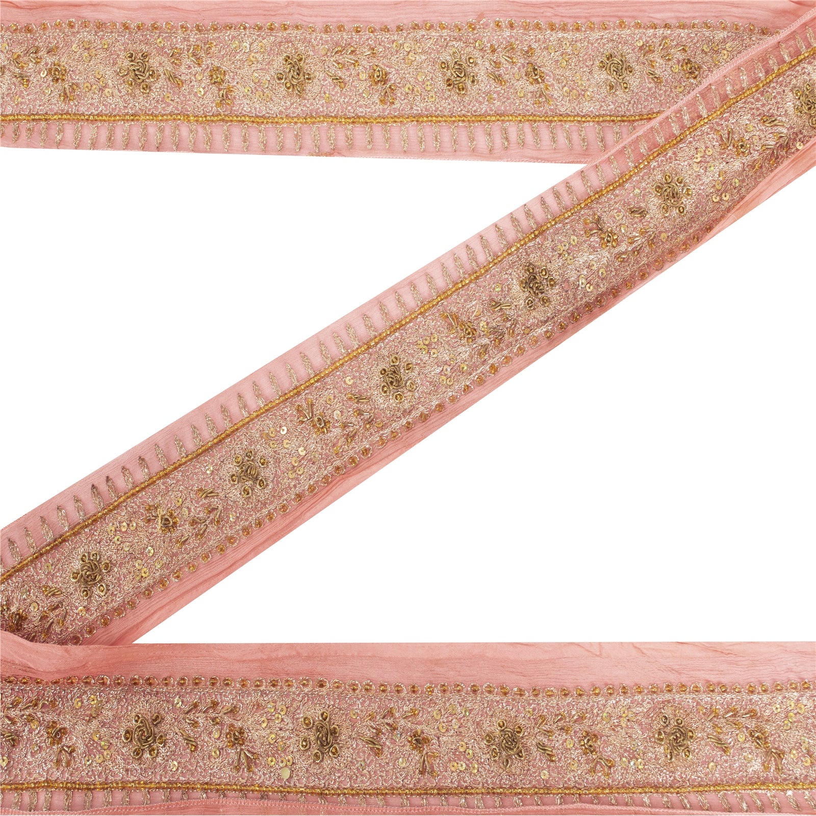 Sanskriti Vintage Saree Craft Trims 1Yd Saree/Sari Border Peach Hand Beaded Zari Lace 2.5 Pure Chiffon Silk Ribbon