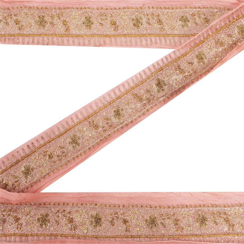 Sanskriti Vintage Saree Craft Trims 1Yd Saree/Sari Border Peach Hand Beaded Zari Lace 2.5 Pure Chiffon Silk Ribbon upholstery fabric