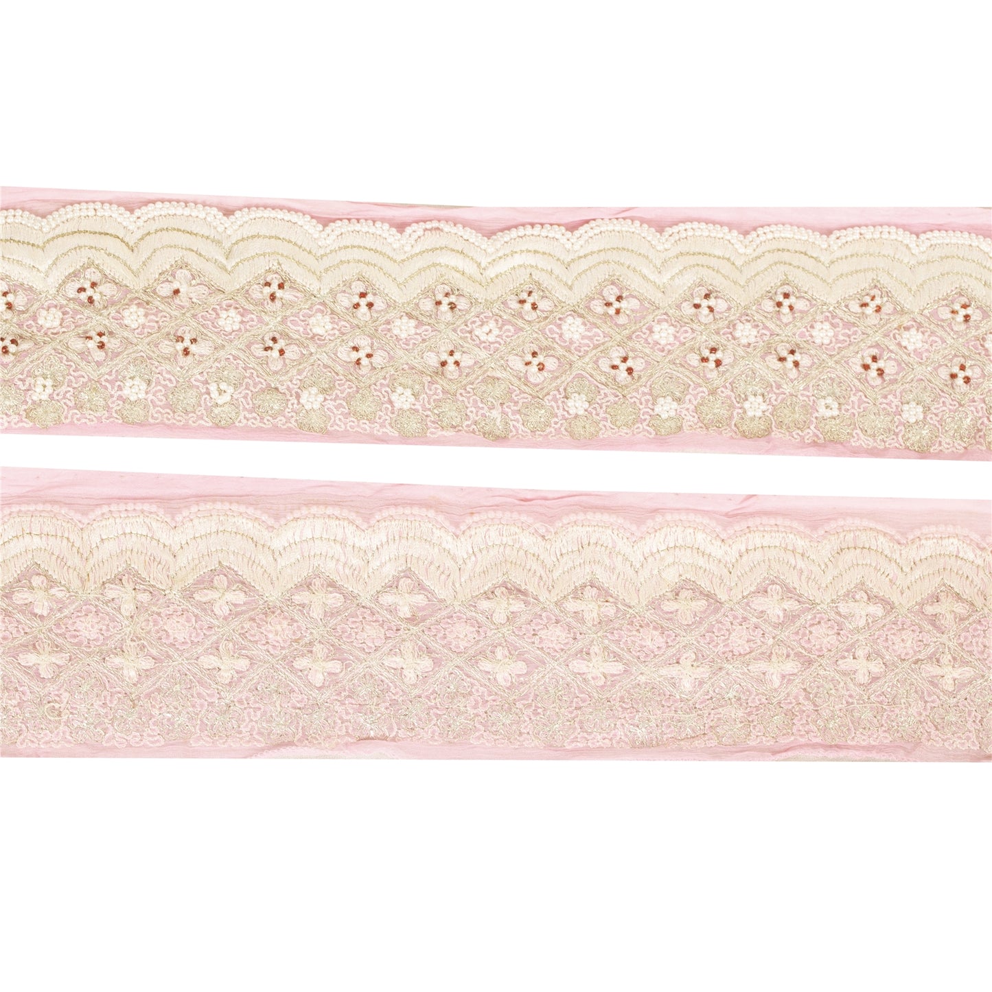 Sanskriti Vintage Sari Border Hand Beaded Pure Chiffon 1 YD Trim Pink Lace