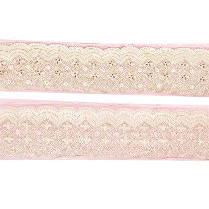 Sanskriti Vintage Sari Border Hand Beaded Pure Chiffon 1 YD Trim Pink Lace