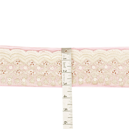 Sanskriti Vintage Sari Border Hand Beaded Pure Chiffon 1 YD Trim Pink Lace