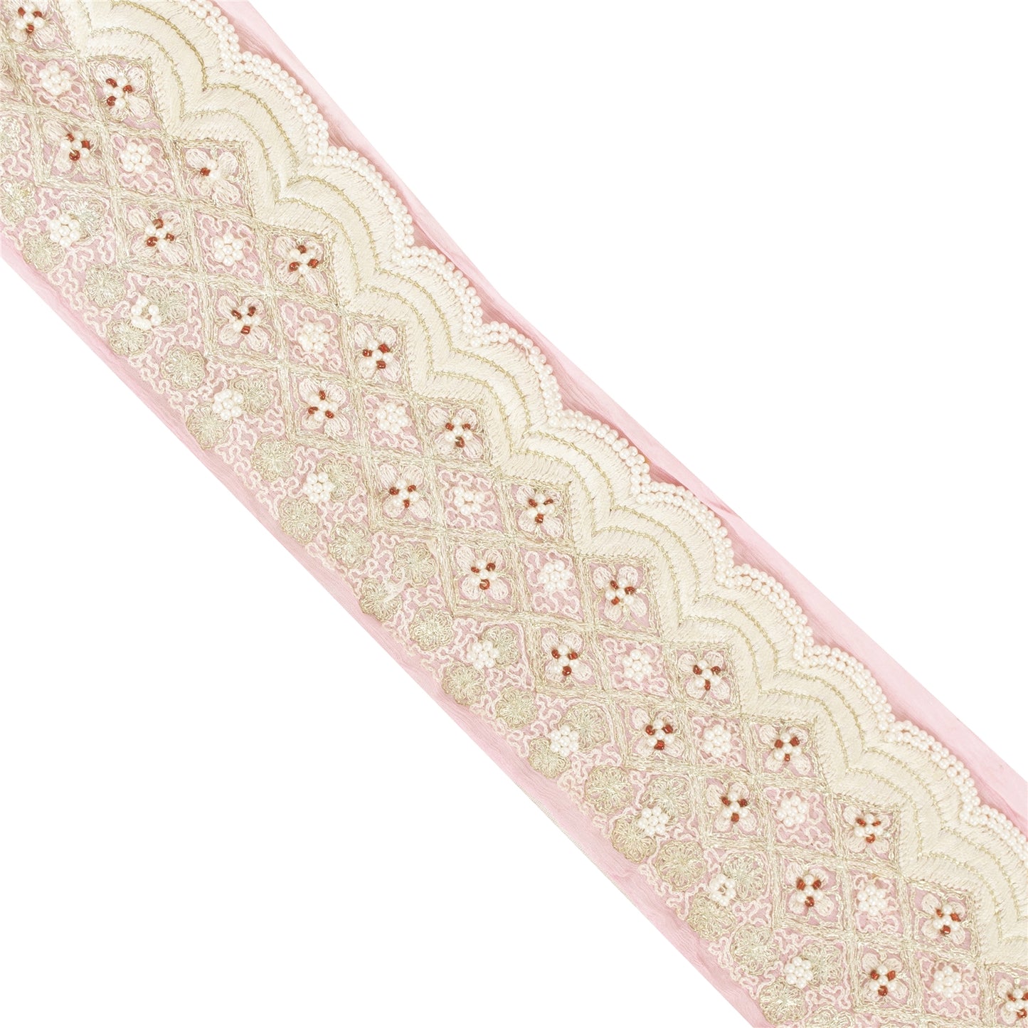 Sanskriti Vintage Sari Border Hand Beaded Pure Chiffon 1 YD Trim Pink Lace