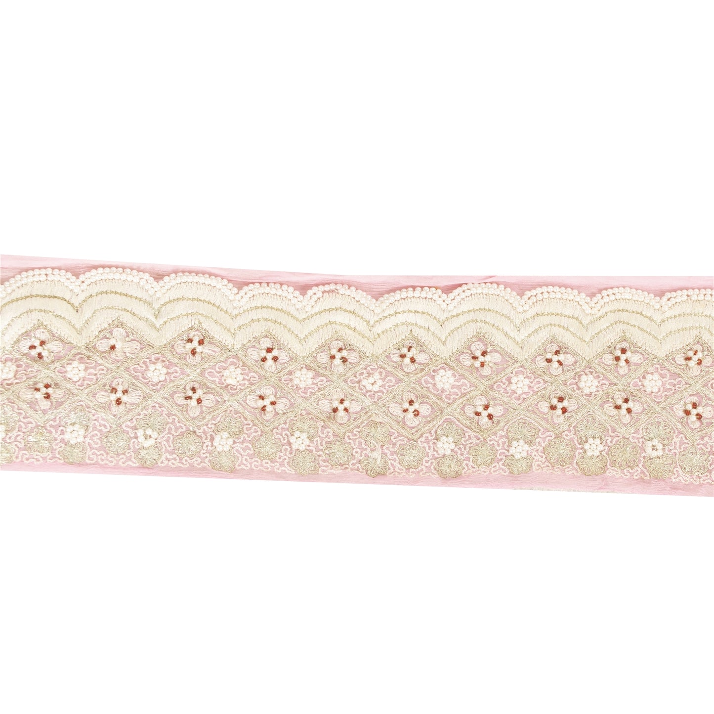 Sanskriti Vintage Sari Border Hand Beaded Pure Chiffon 1 YD Trim Pink Lace