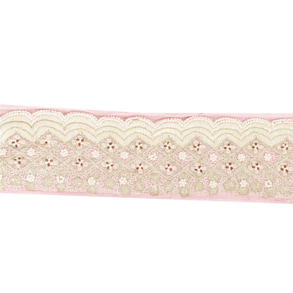 Sanskriti Vintage Sari Border Hand Beaded Pure Chiffon 1 YD Trim Pink Lace