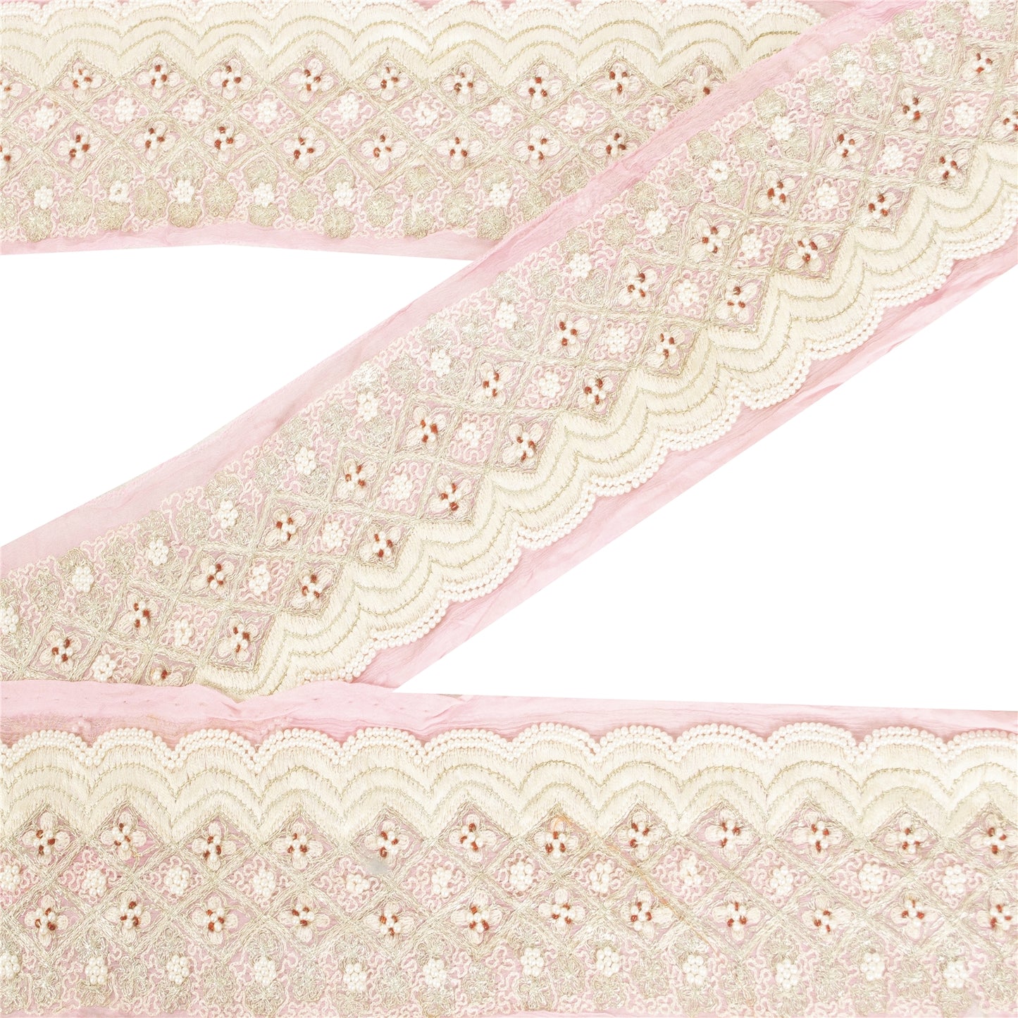 Sanskriti Vintage Sari Border Hand Beaded Pure Chiffon 1 YD Trim Pink Lace