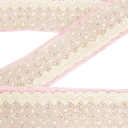 Sanskriti Vintage Sari Border Hand Beaded Pure Chiffon 1 YD Trim Pink Lace