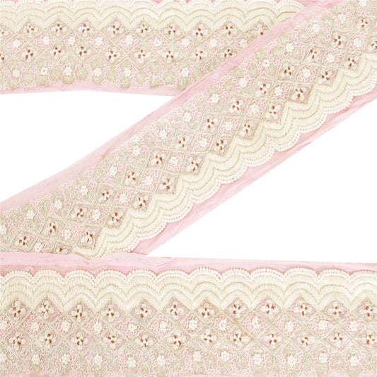 Sanskriti Vintage Sari Border Hand Beaded Pure Chiffon 1 YD Trim Pink Lace