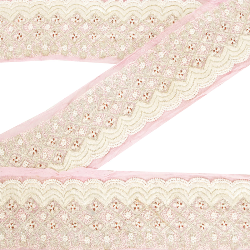 Sanskriti Vintage Sari Border Hand Beaded Pure Chiffon 1 YD Trim Pink Lace