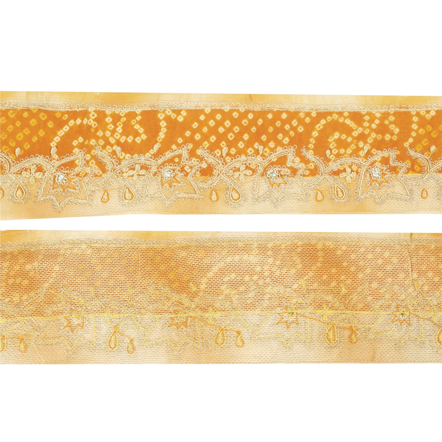 Sanskriti Vintage Sari Border Yellow Hand Beaded Zari Zardozi 1YD Trim Blue Lace