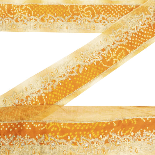 Sanskriti Vintage Sari Border Yellow Hand Beaded Zari Zardozi 1YD Trim Blue Lace