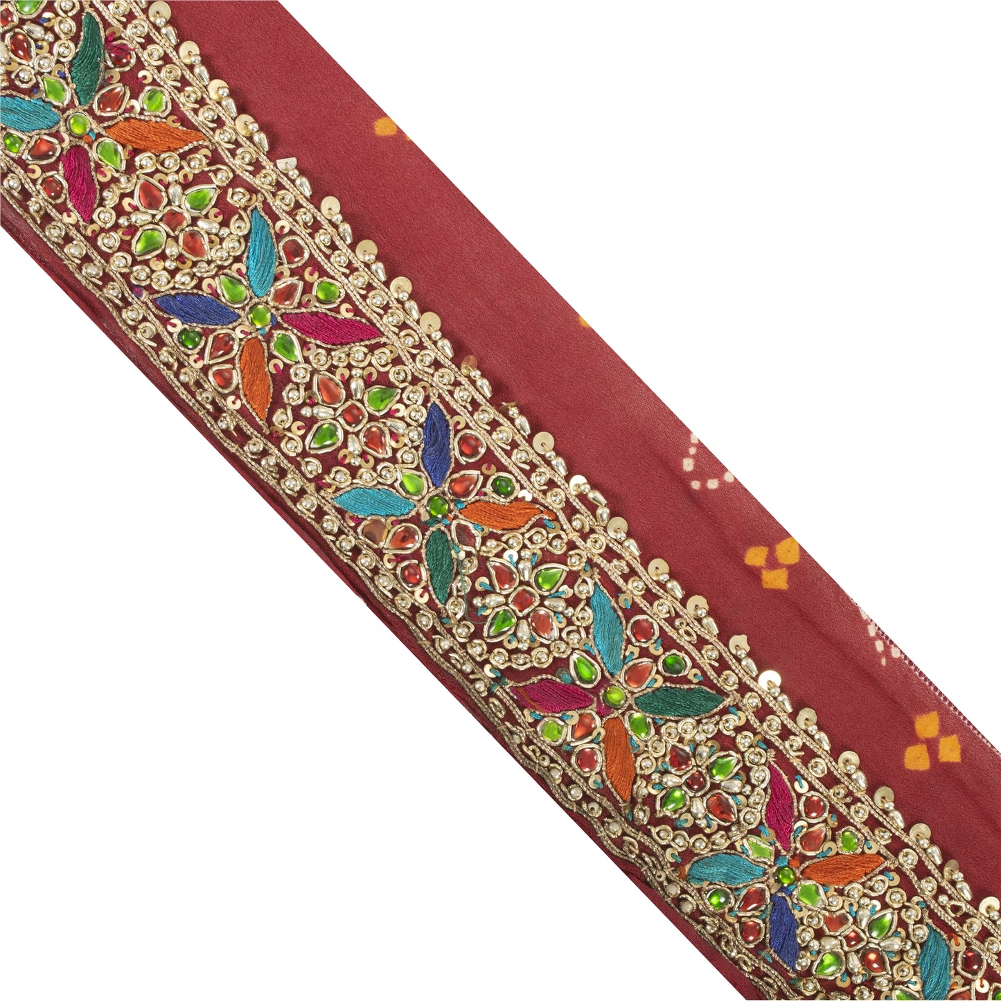Sanskriti Vintage Sari Border Hand Beaded Rhinestone Red 1 YD Trim 3.2W Lace