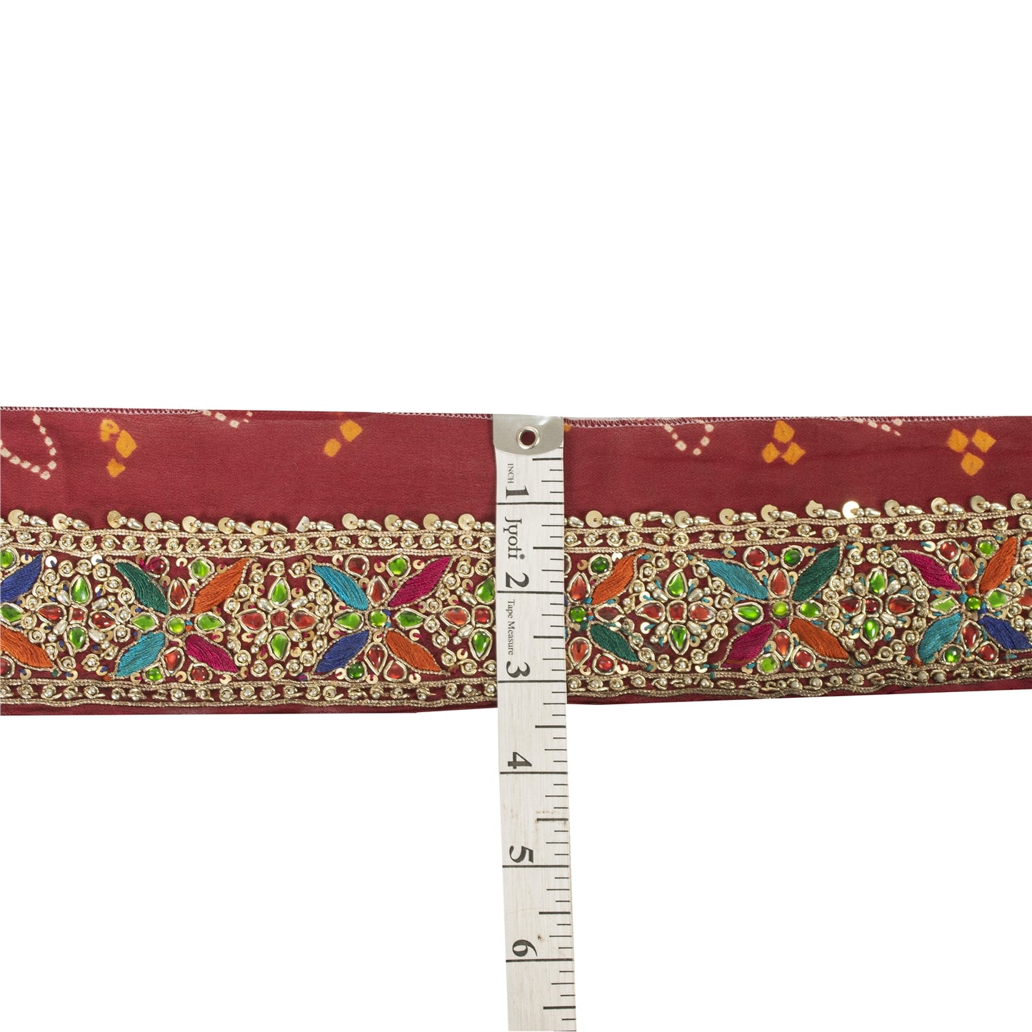 Sanskriti Vintage Sari Border Hand Beaded Rhinestone Red 1 YD Trim 3.2W Lace