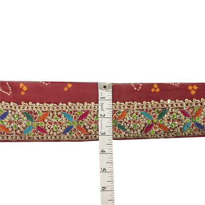 Sanskriti Vintage Sari Border Hand Beaded Rhinestone Red 1 YD Trim 3.2W Lace