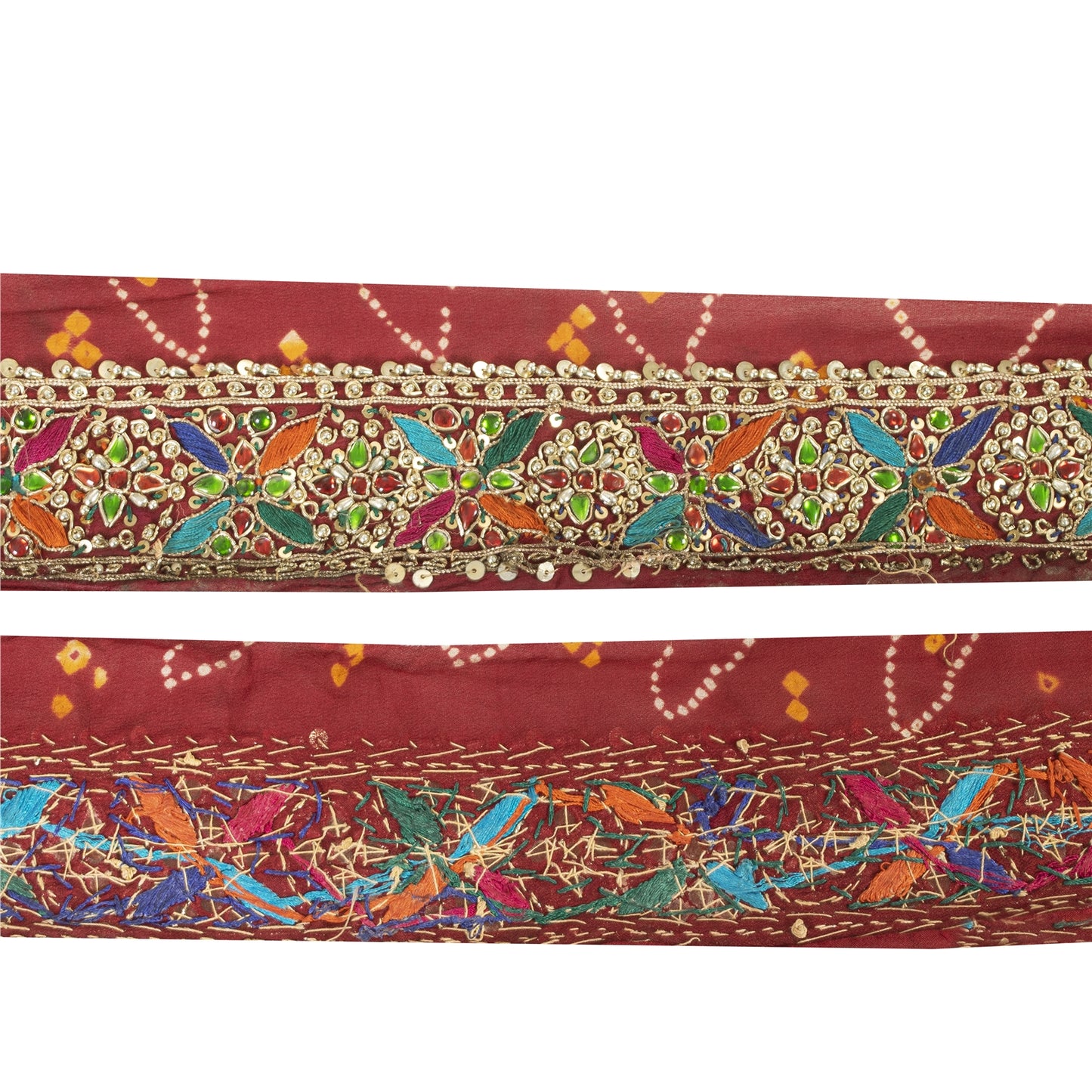 Sanskriti Vintage Sari Border Hand Beaded Rhinestone Red 1 YD Trim 3.2W Lace