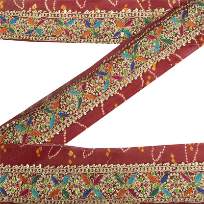 Sanskriti Vintage Sari Border Hand Beaded Rhinestone Red 1 YD Trim 3.2W Lace