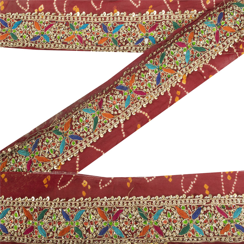 Sanskriti Vintage Sari Border Hand Beaded Rhinestone Red 1 YD Trim 3.2W Lace