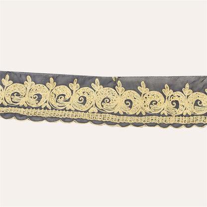 Sanskriti Vintage Sari Border Hand Beaded Thread 1 YD Trim Black Pure Silk Lace