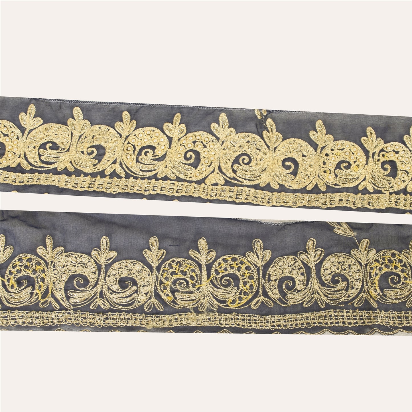 Sanskriti Vintage Sari Border Hand Beaded Thread 1 YD Trim Black Pure Silk Lace