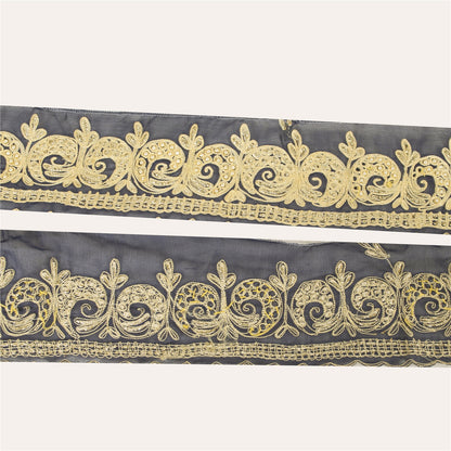 Sanskriti Vintage Sari Border Hand Beaded Thread 1 YD Trim Black Pure Silk Lace