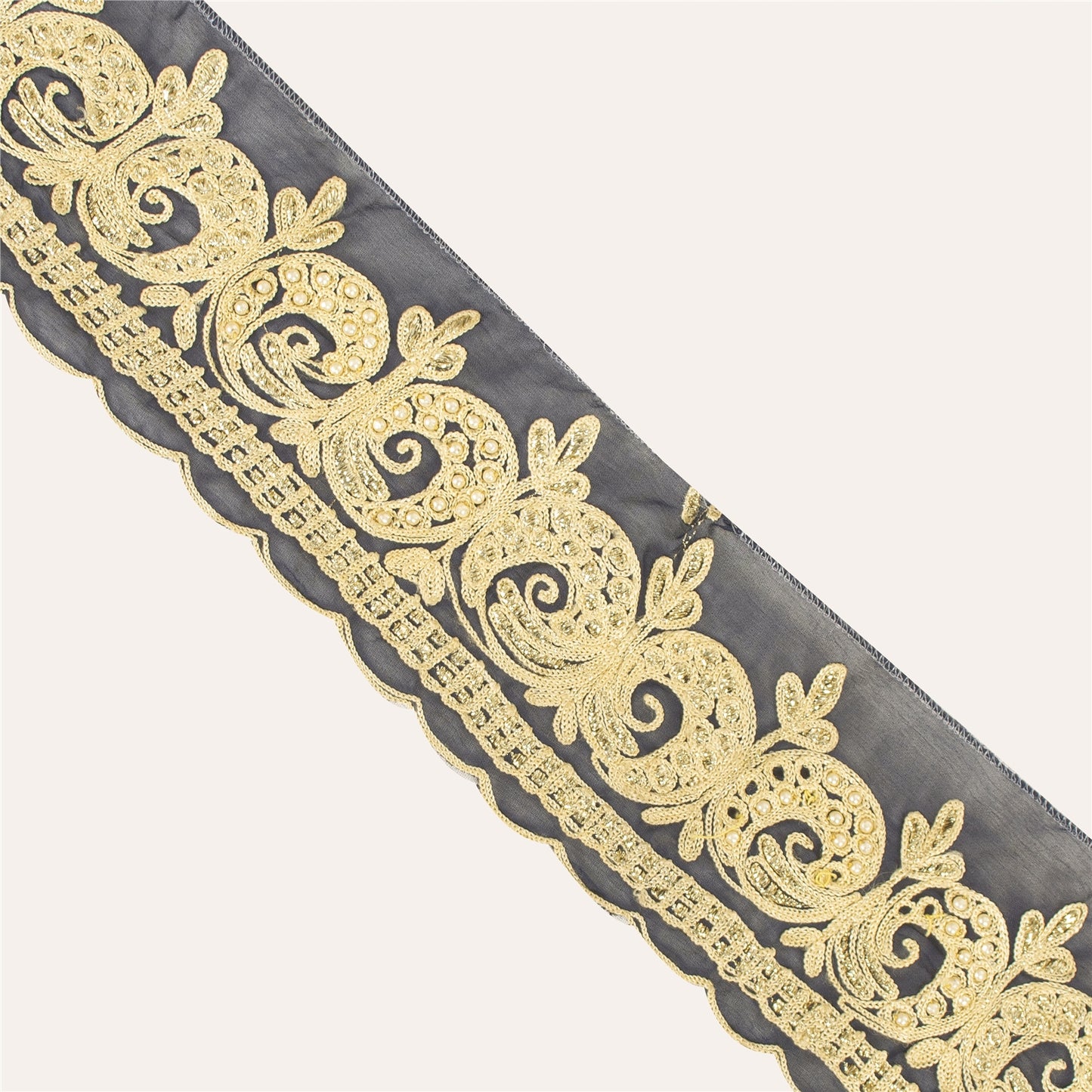 Sanskriti Vintage Sari Border Hand Beaded Thread 1 YD Trim Black Pure Silk Lace