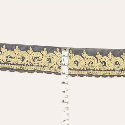Sanskriti Vintage Sari Border Hand Beaded Thread 1 YD Trim Black Pure Silk Lace