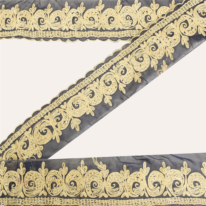 Sanskriti Vintage Sari Border Hand Beaded Thread 1 YD Trim Black Pure Silk Lace