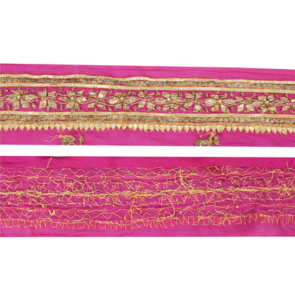 Sanskriti Vintage Sari Border Hand Beaded Gota Patti Chiffon 1 YD Trim Pink Lace