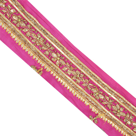 Sanskriti Vintage Sari Border Hand Beaded Gota Patti Chiffon 1 YD Trim Pink Lace