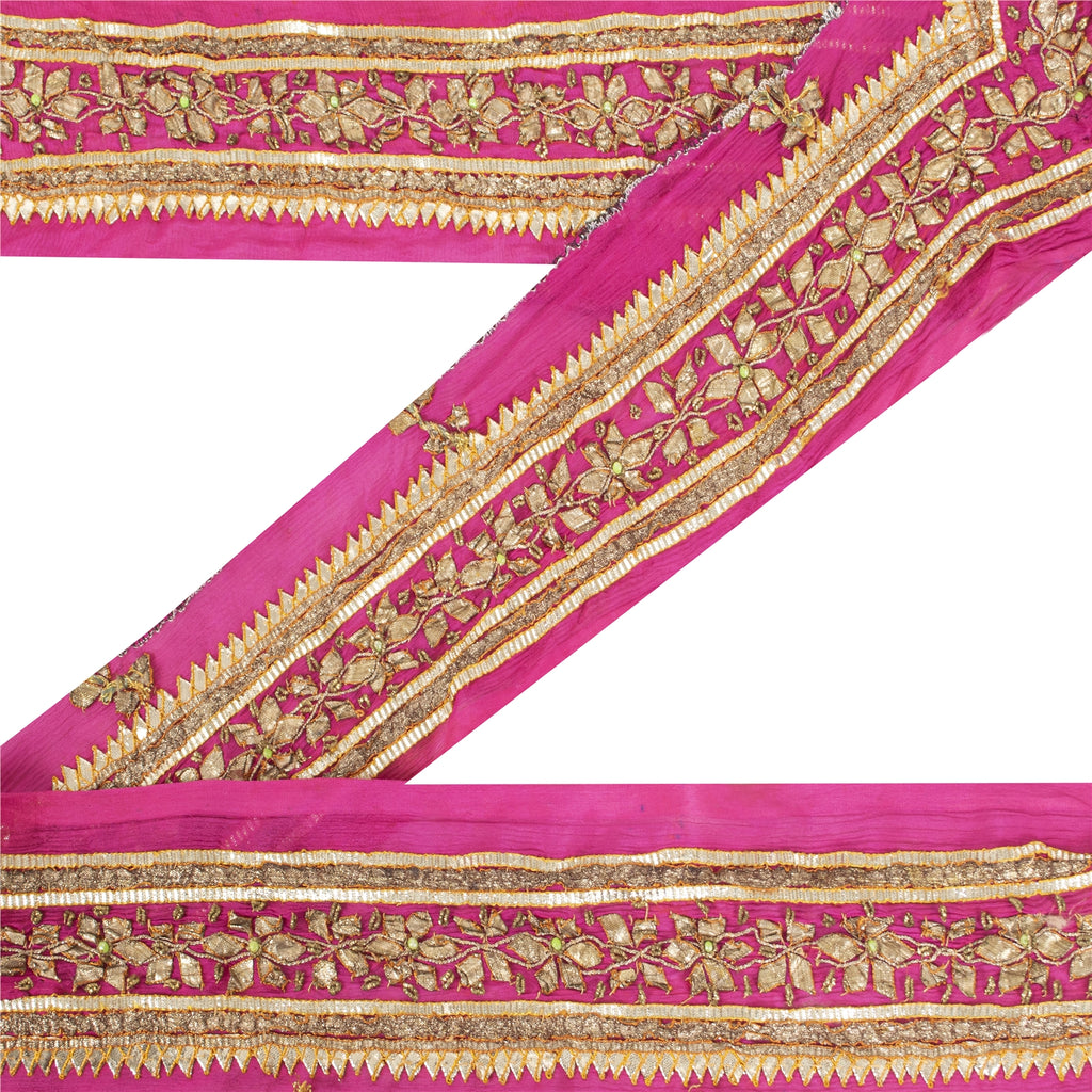 Sanskriti Vintage Sari Border Hand Beaded Gota Patti Chiffon 1 YD Trim Pink Lace