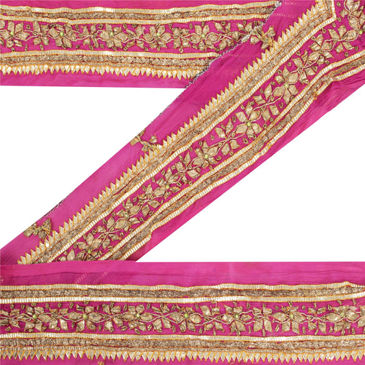 Sanskriti Vintage Sari Border Hand Beaded Gota Patti Chiffon 1 YD Trim Pink Lace