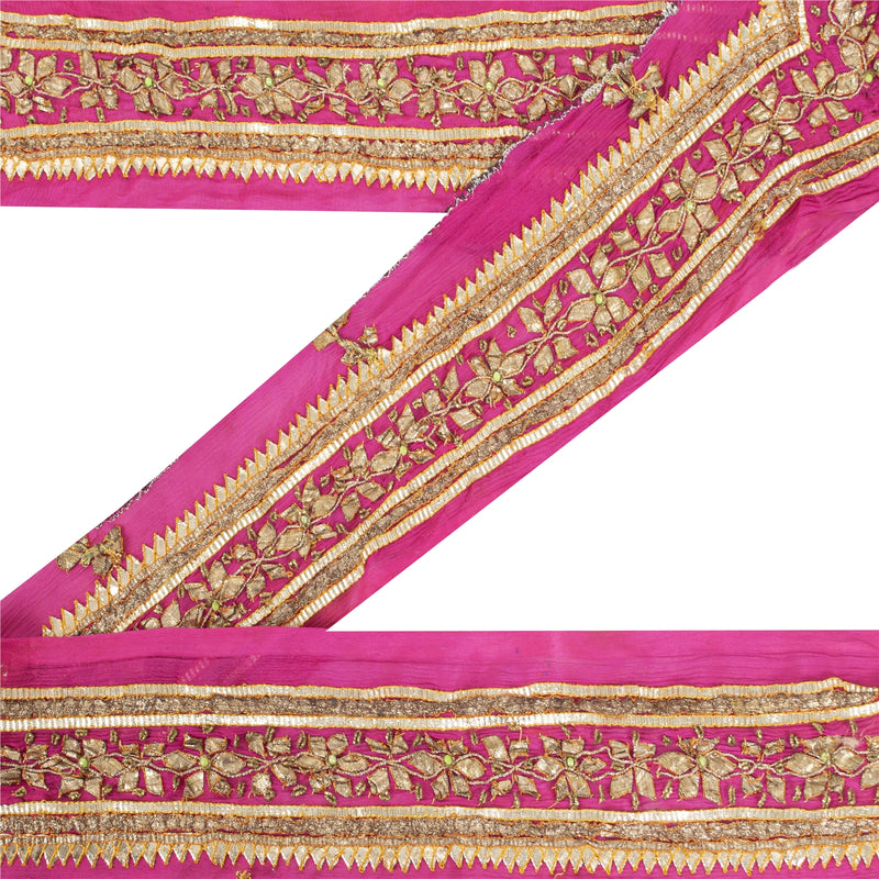 Sanskriti Vintage Sari Border Hand Beaded Gota Patti Chiffon 1 YD Trim Pink Lace