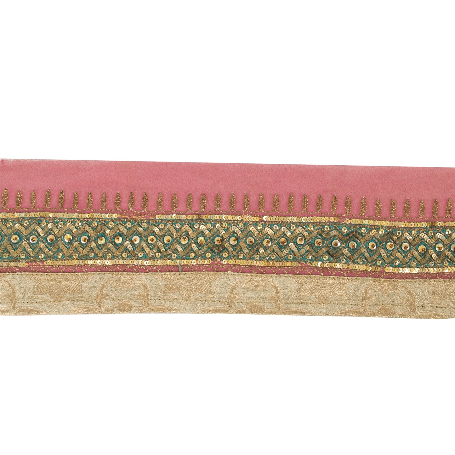 Sanskriti Vintage Sari Border Hand Beaded 1 YD Trim Georgette Pink Lace Ribbon