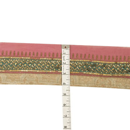 Sanskriti Vintage Sari Border Hand Beaded 1 YD Trim Georgette Pink Lace Ribbon