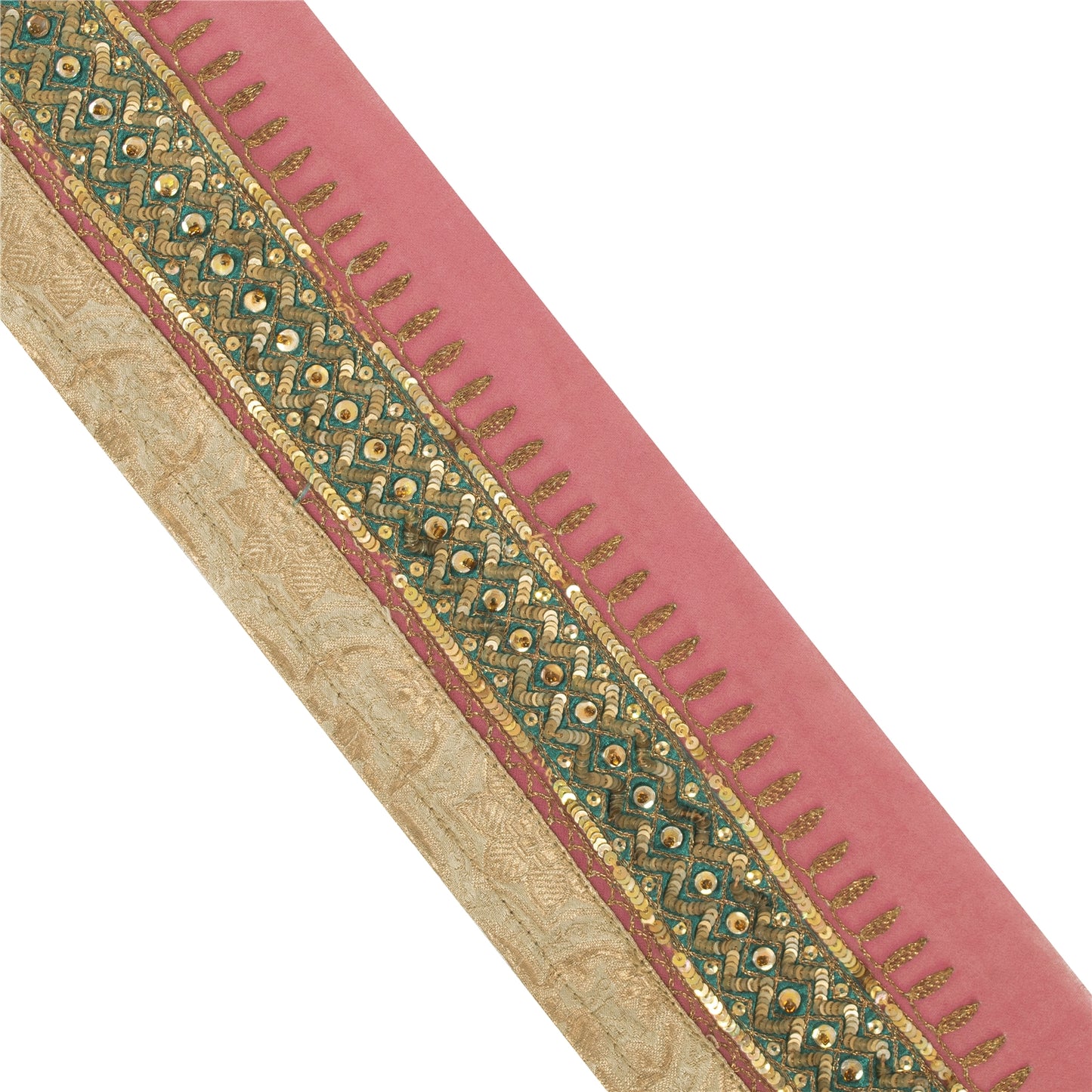 Sanskriti Vintage Sari Border Hand Beaded 1 YD Trim Georgette Pink Lace Ribbon