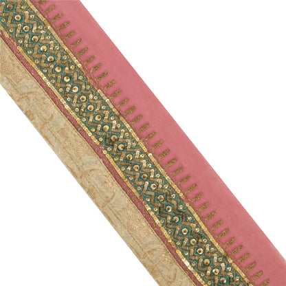 Sanskriti Vintage Sari Border Hand Beaded 1 YD Trim Georgette Pink Lace Ribbon