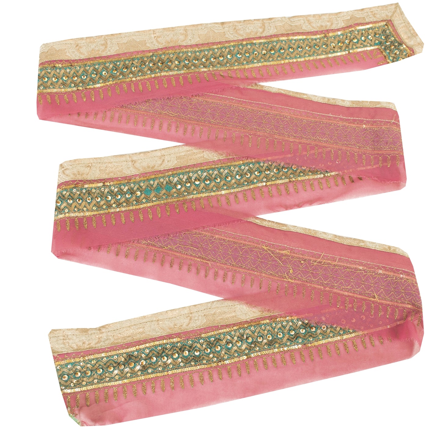 Sanskriti Vintage Sari Border Hand Beaded 1 YD Trim Georgette Pink Lace Ribbon