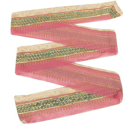 Sanskriti Vintage Sari Border Hand Beaded 1 YD Trim Georgette Pink Lace Ribbon