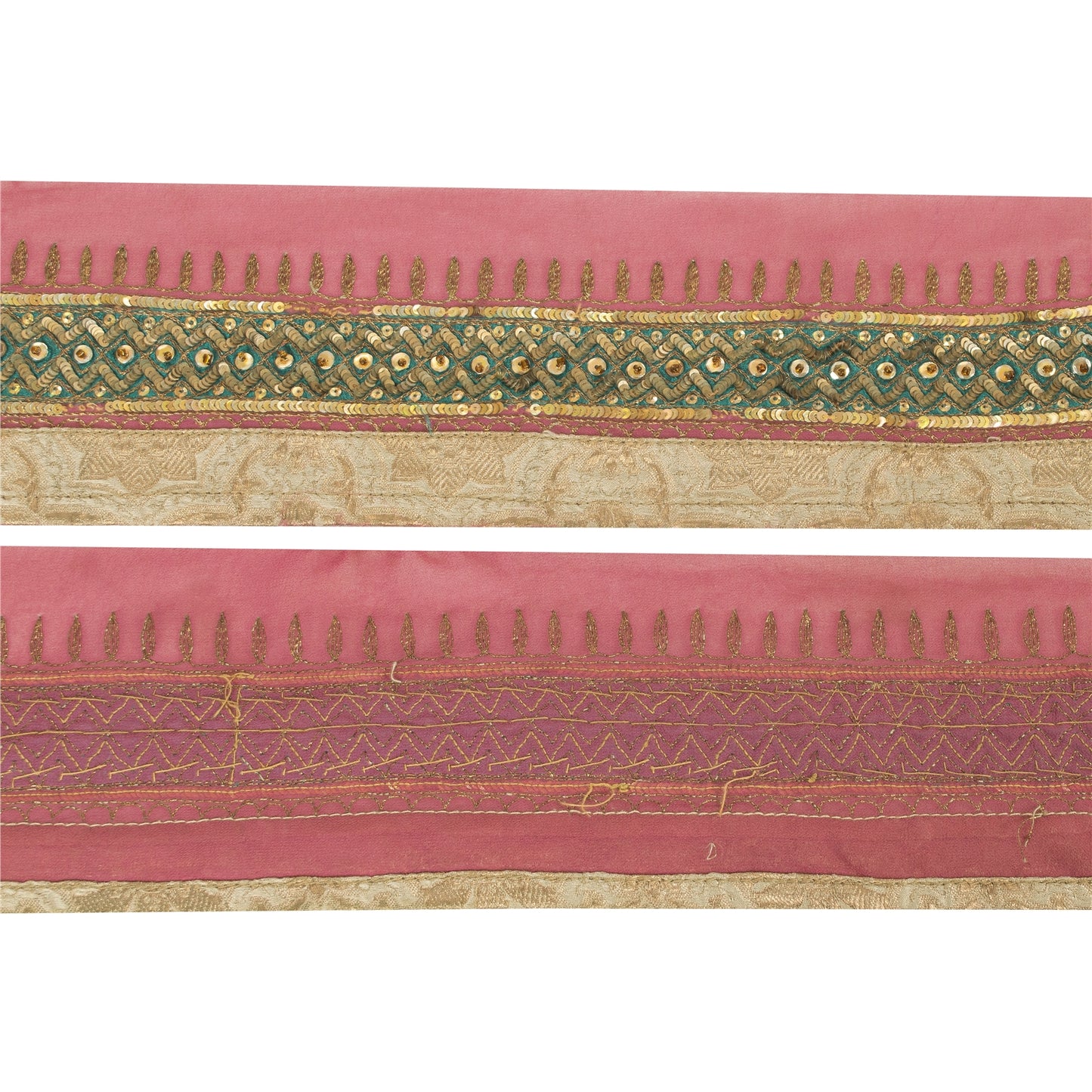 Sanskriti Vintage Sari Border Hand Beaded 1 YD Trim Georgette Pink Lace Ribbon