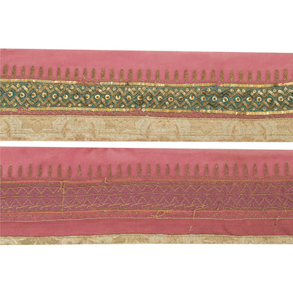 Sanskriti Vintage Sari Border Hand Beaded 1 YD Trim Georgette Pink Lace Ribbon
