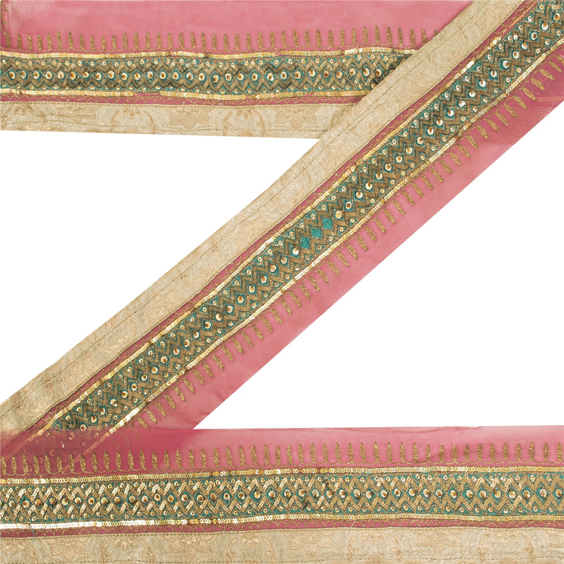 Sanskriti Vintage Sari Border Hand Beaded 1 YD Trim Georgette Pink Lace Ribbon