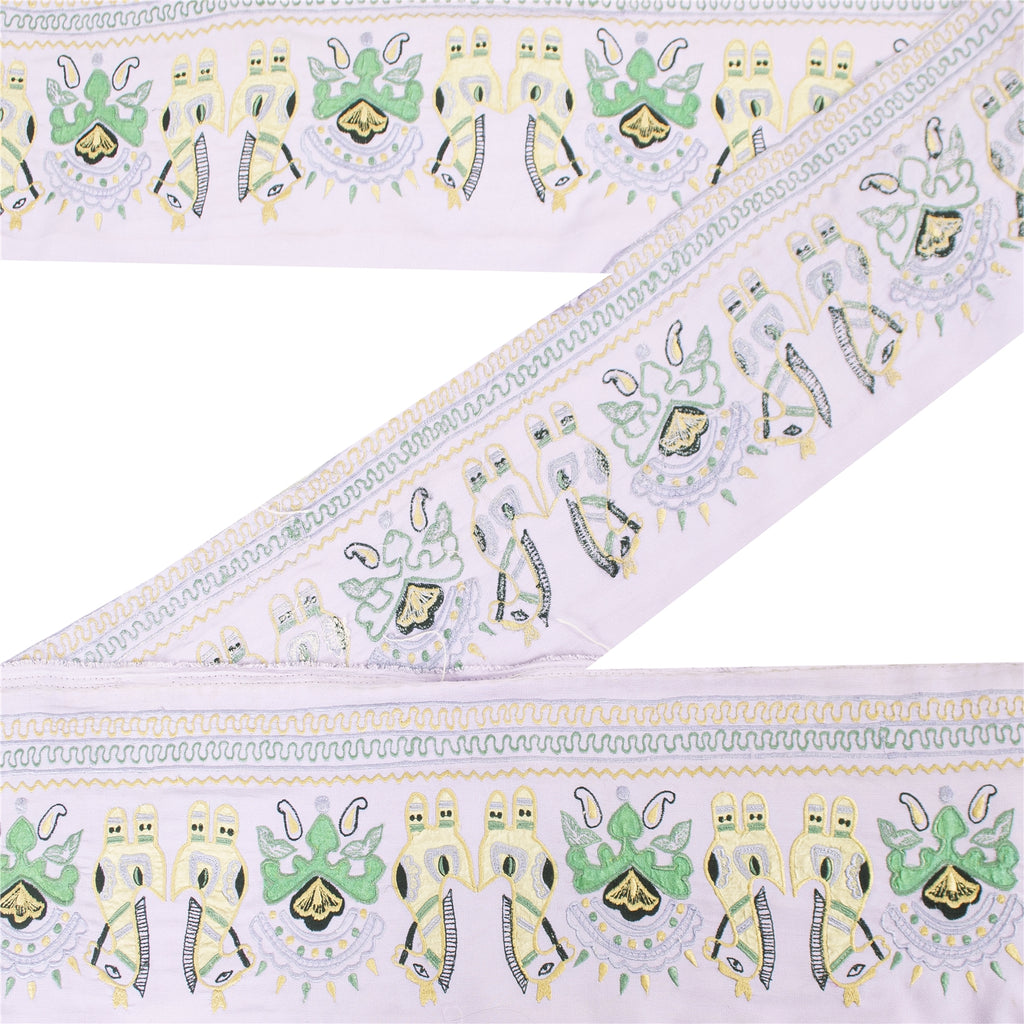 Sanskriti Vintage Sari Border Embroidered Peacock Patch Work 1YD Trim Lilac Lace