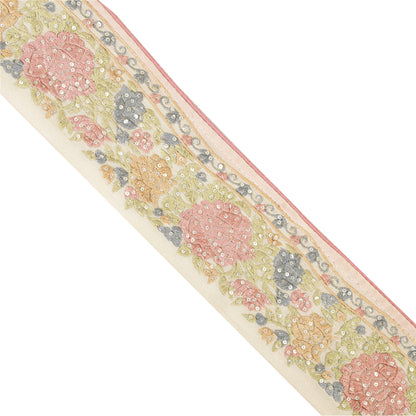 Sanskriti Vintage Sari Border Embroidered Sequins Pure Silk 1 YD Trim Ivory Lace