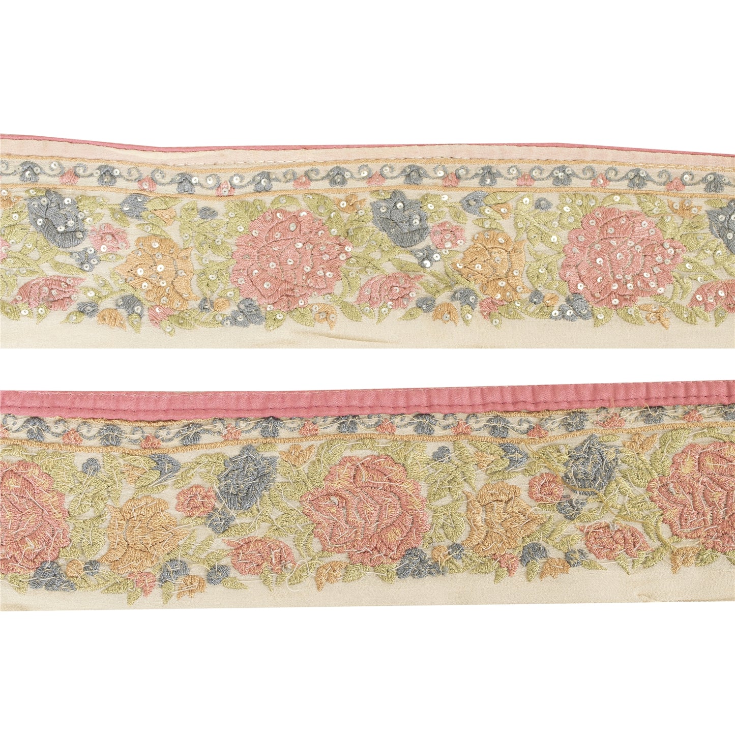 Sanskriti Vintage Sari Border Embroidered Sequins Pure Silk 1 YD Trim Ivory Lace