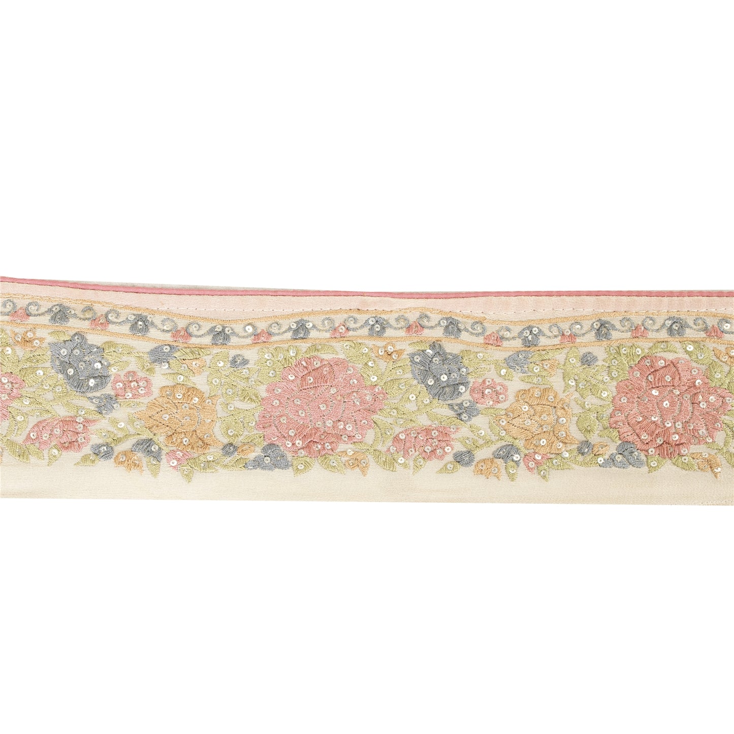 Sanskriti Vintage Sari Border Embroidered Sequins Pure Silk 1 YD Trim Ivory Lace