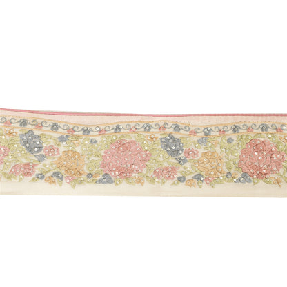 Sanskriti Vintage Sari Border Embroidered Sequins Pure Silk 1 YD Trim Ivory Lace